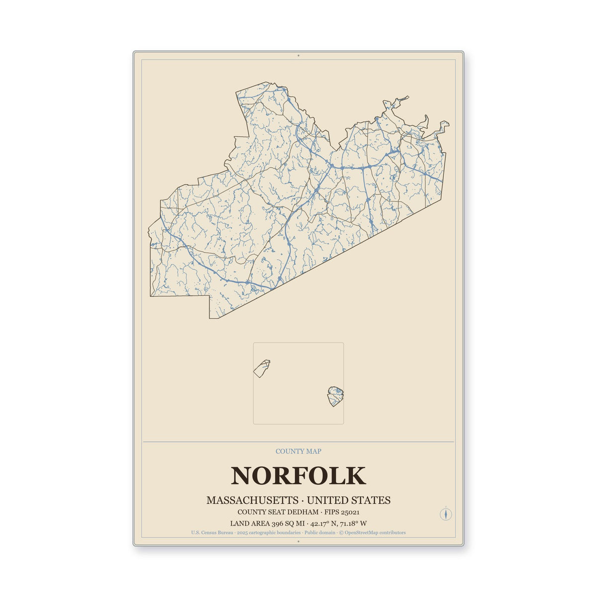 Norfolk County, Massachusetts Map Aluminum Sign in Heritage Nautical style