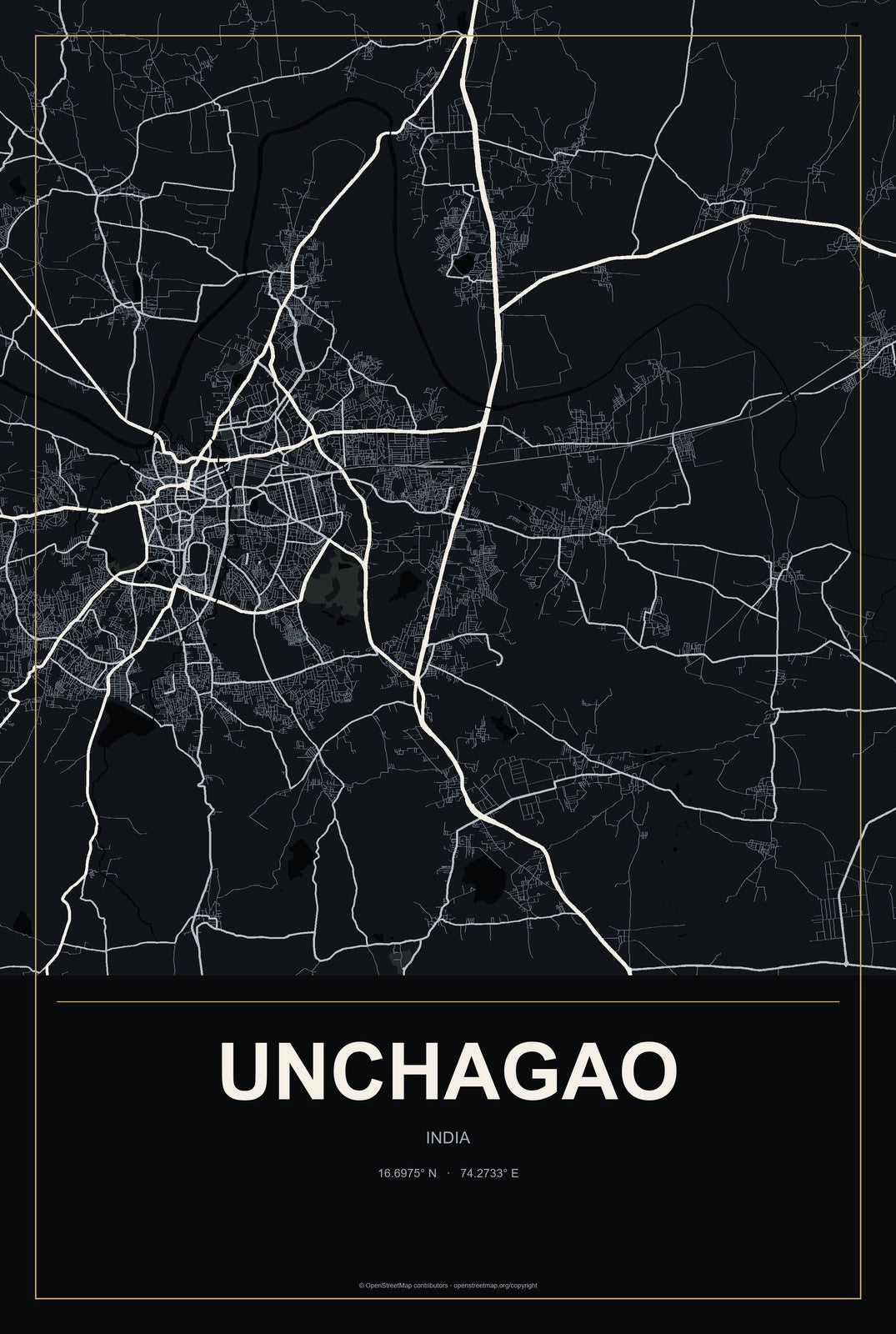 Unchagao, India City Map Aluminum Sign in Metropolitan Noir style