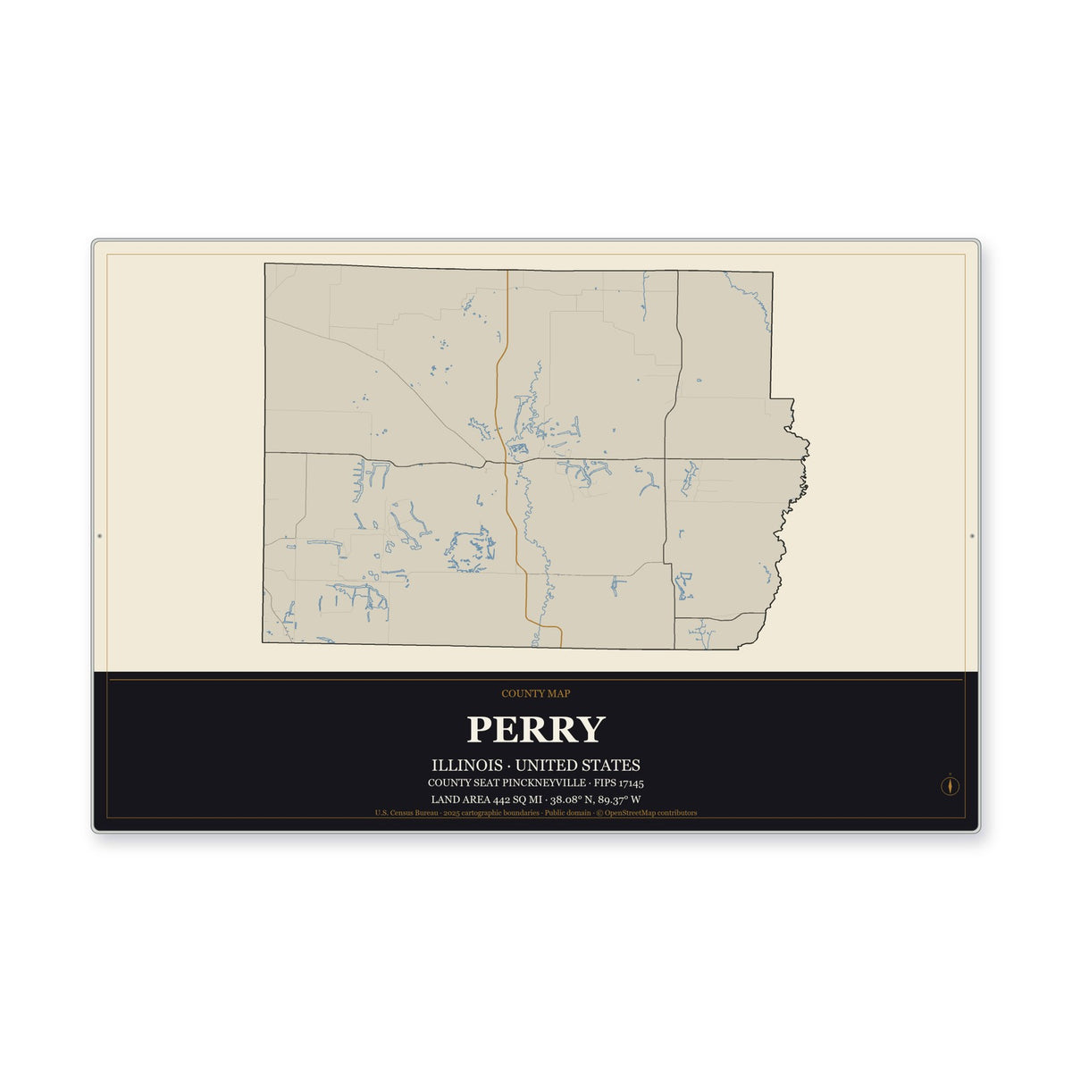 Perry County, Illinois Map Aluminum Sign in Museum Plaque style