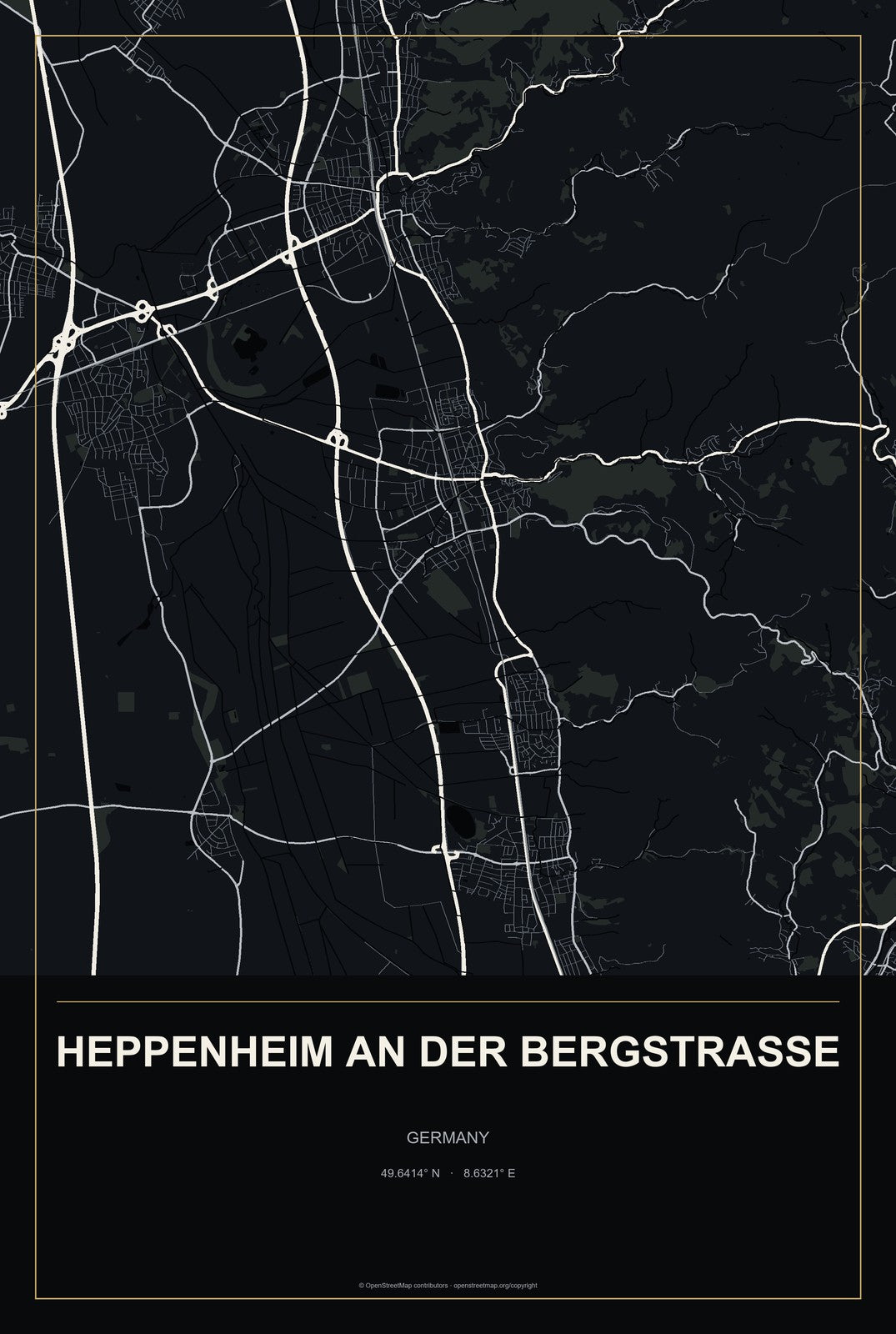 Heppenheim an der Bergstrasse, Germany City Map Aluminum Sign in Metropolitan Noir style