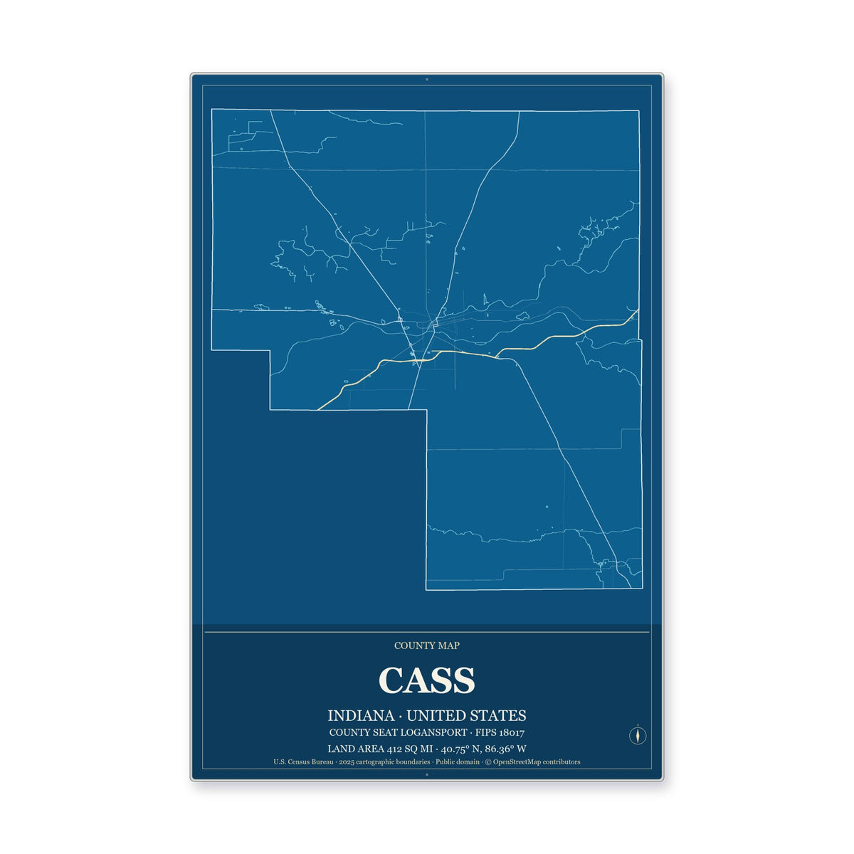 Cass County, Indiana Map Aluminum Sign in Harbor Cobalt style
