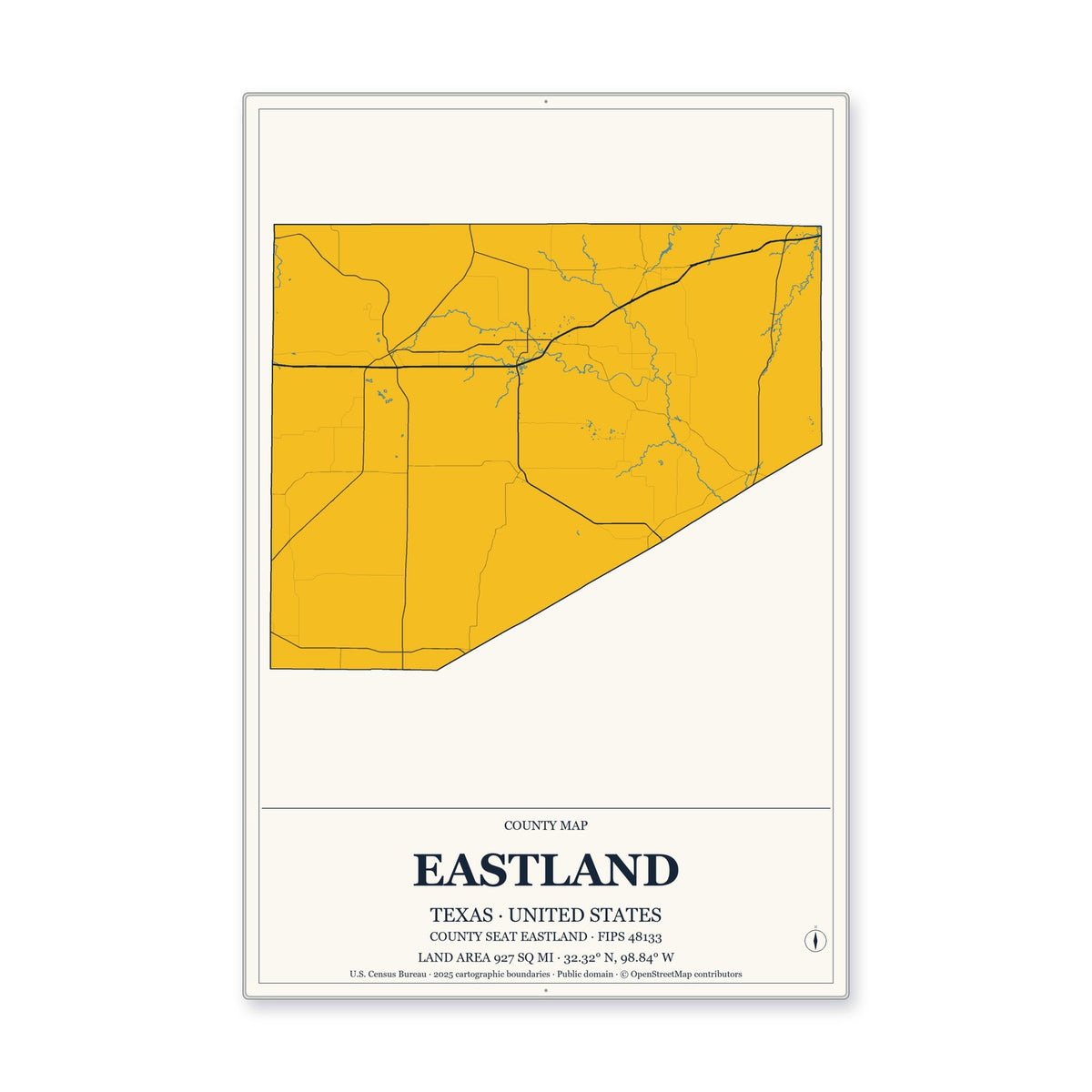 Eastland County, Texas Map Aluminum Sign in Citrine Modern style