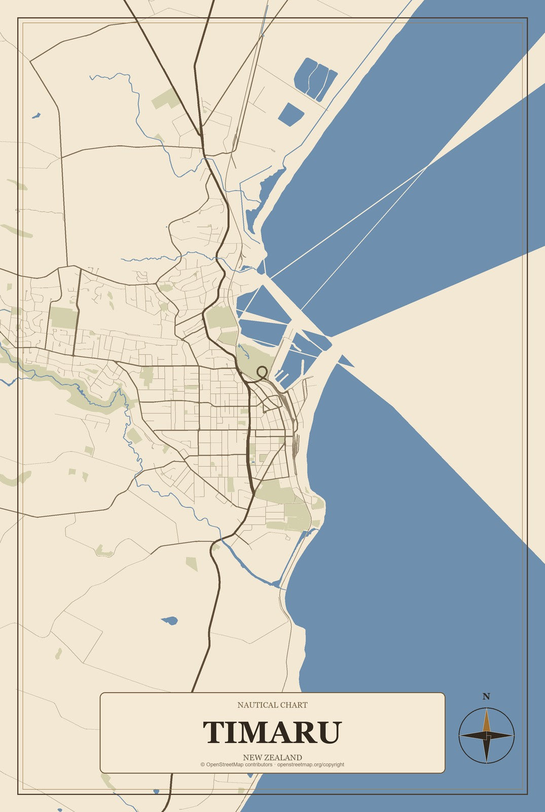 Timaru, New Zealand City Map Aluminum Sign in Heritage Nautical style