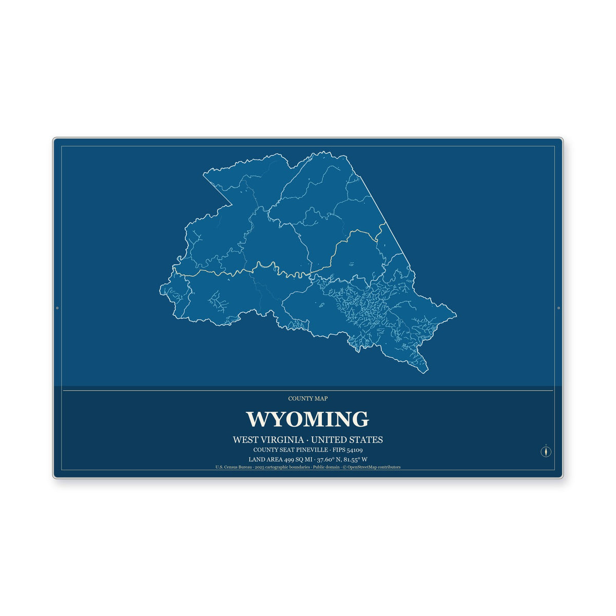 Wyoming County, West Virginia Map Aluminum Sign in Harbor Cobalt style