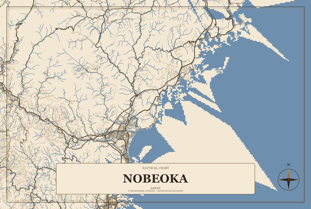 Nobeoka, Japan City Map Aluminum Sign in Heritage Nautical style