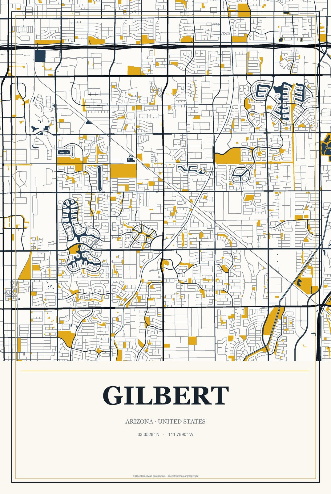 Gilbert, Arizona City Map Aluminum Sign in Citrine Modern style