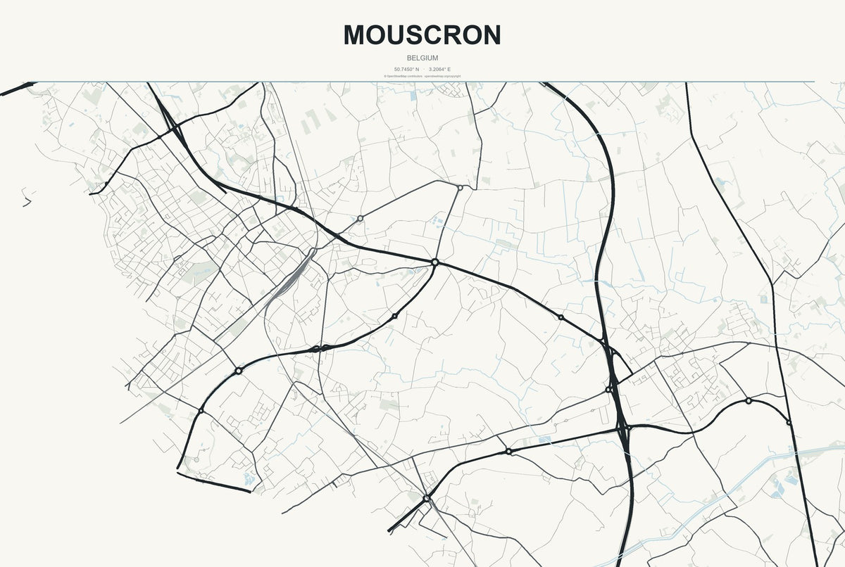 Mouscron, Belgium City Map Aluminum Sign in Headline Atlas style