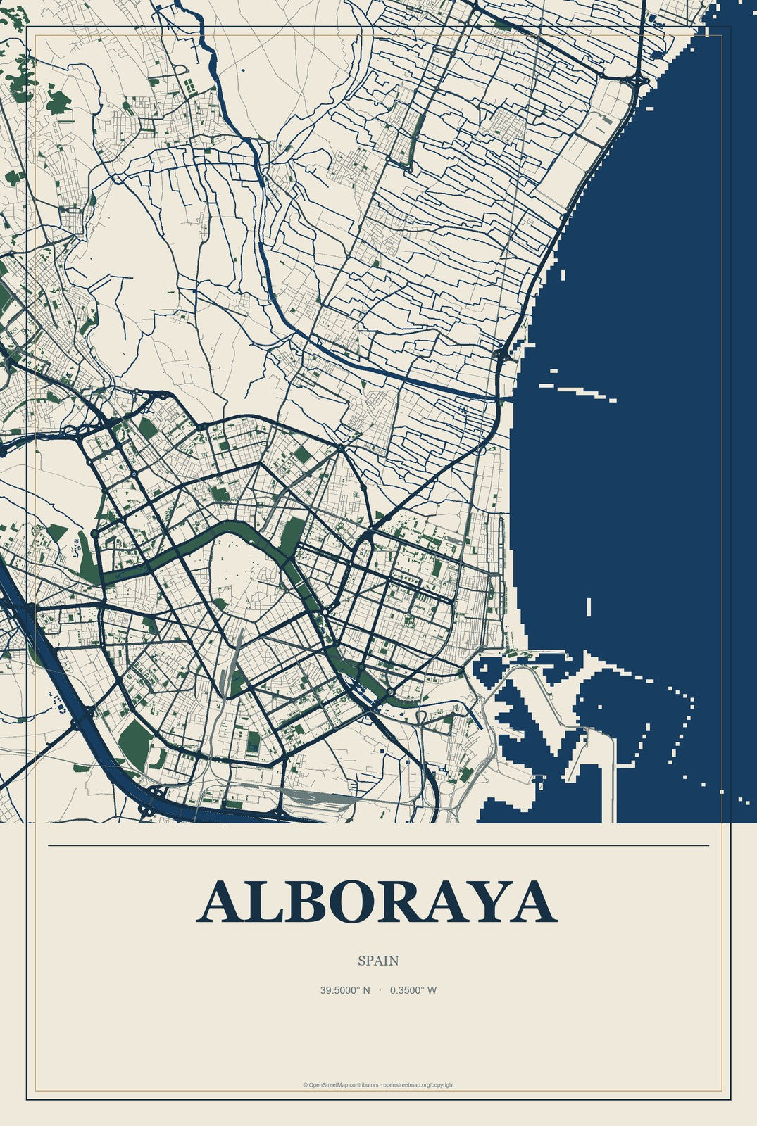 Alboraya, Spain City Map Aluminum Sign in Coastal Cutout style
