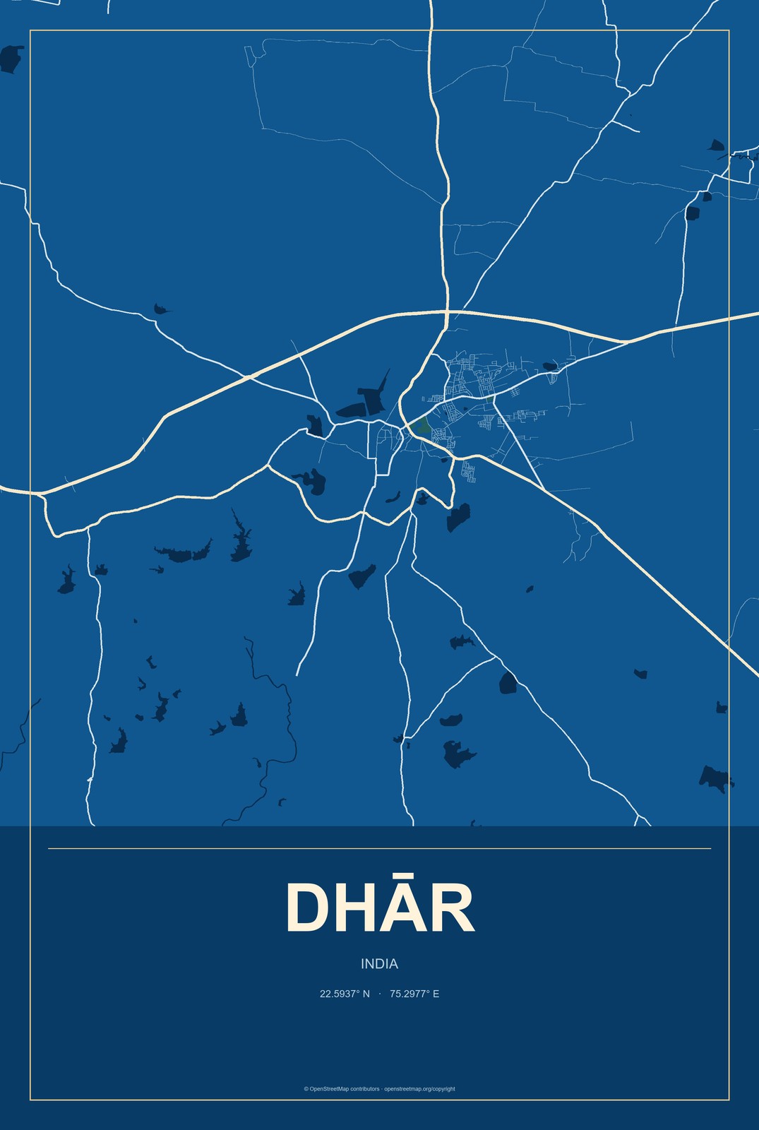 Dhār, India City Map Aluminum Sign in Harbor Cobalt style