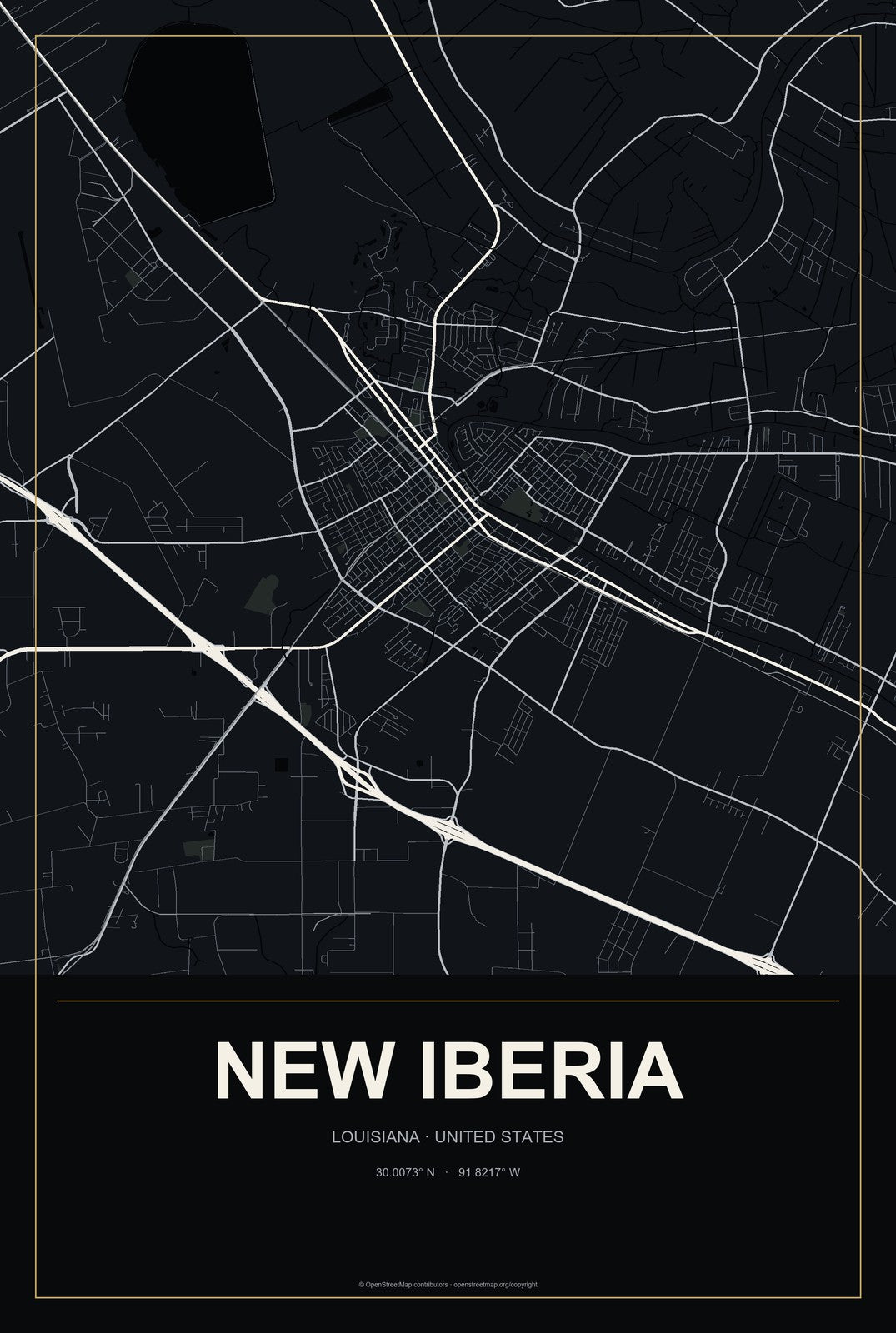 New Iberia, Louisiana City Map Aluminum Sign in Metropolitan Noir style