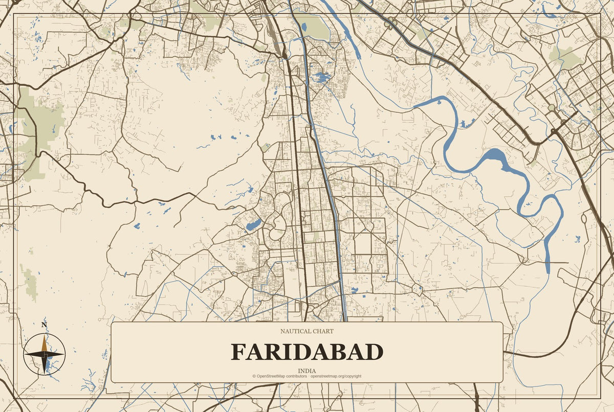 Faridabad, India City Map Aluminum Sign in Heritage Nautical style