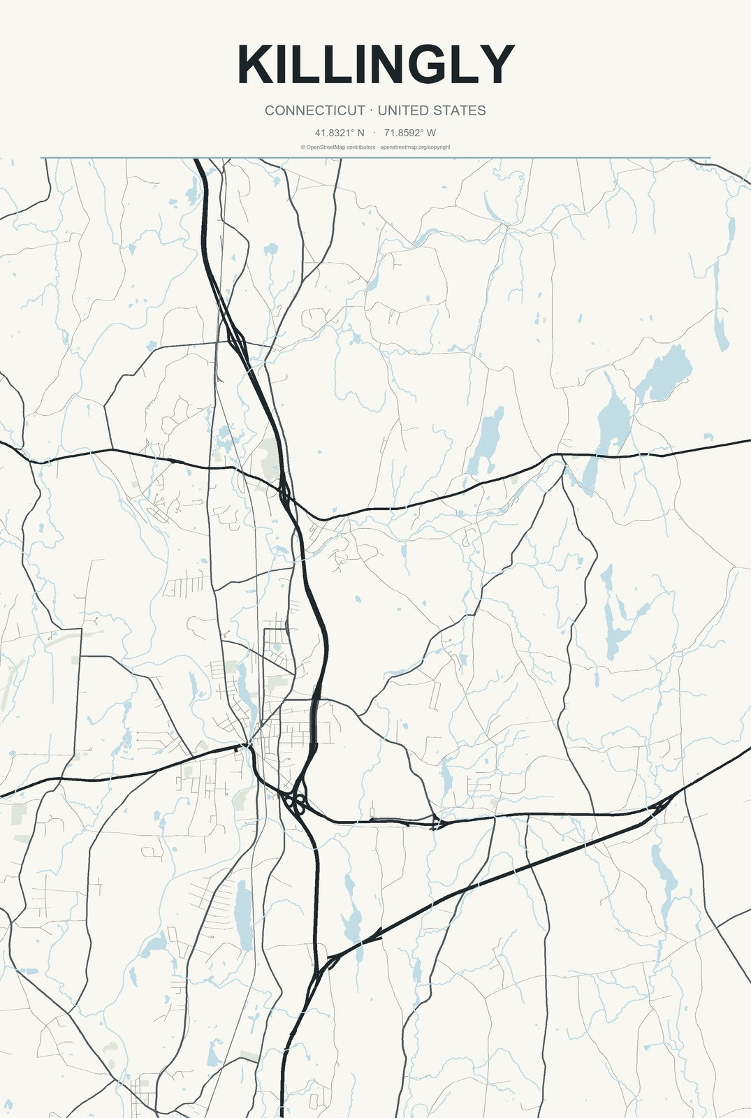 Killingly, Connecticut City Map Aluminum Sign in Headline Atlas style