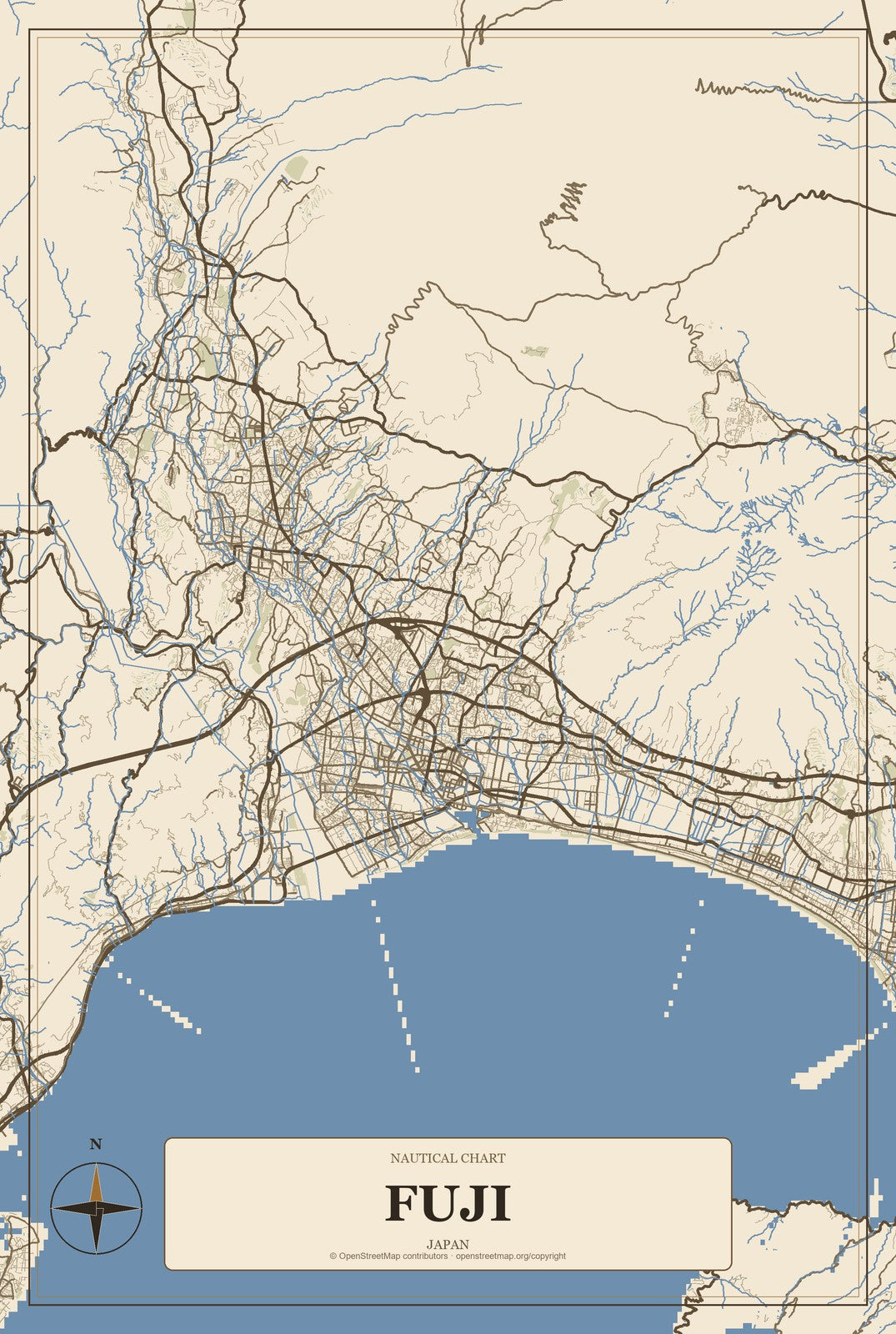 Fuji, Japan City Map Aluminum Sign in Heritage Nautical style