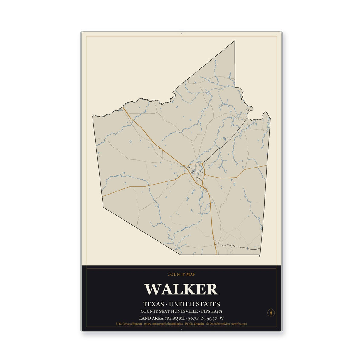 Walker County, Texas Map Aluminum Sign in Museum Plaque style