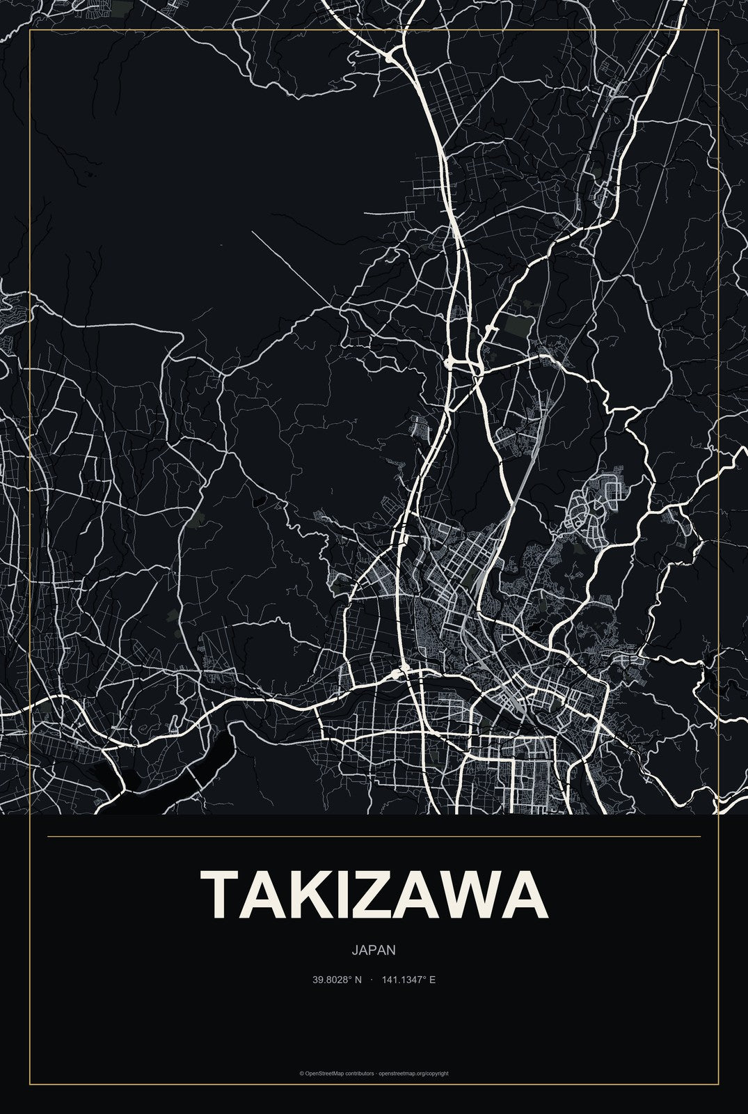 Takizawa, Japan City Map Aluminum Sign in Metropolitan Noir style