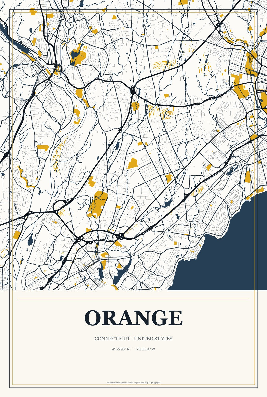 Orange, Connecticut City Map Aluminum Sign in Citrine Modern style