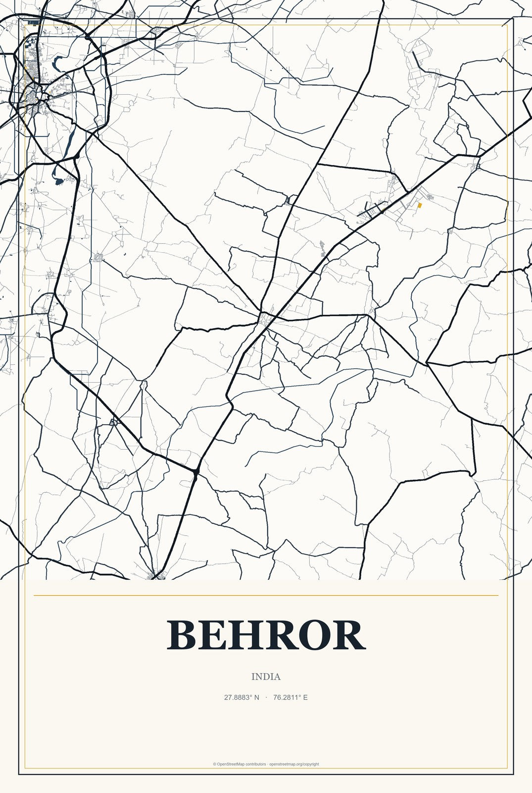 Behror, India City Map Aluminum Sign in Citrine Modern style