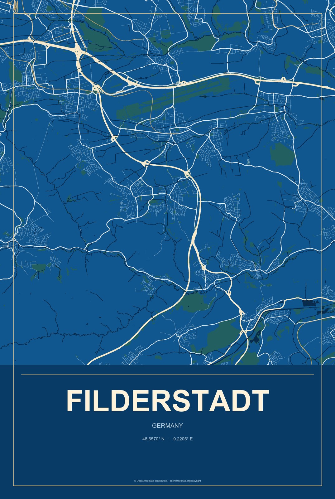 Filderstadt, Germany City Map Aluminum Sign in Harbor Cobalt style