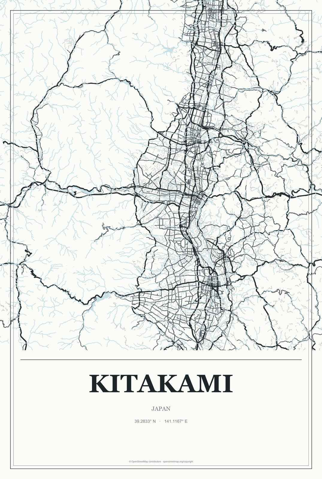 Kitakami, Japan City Map Aluminum Sign in Gallery Air style