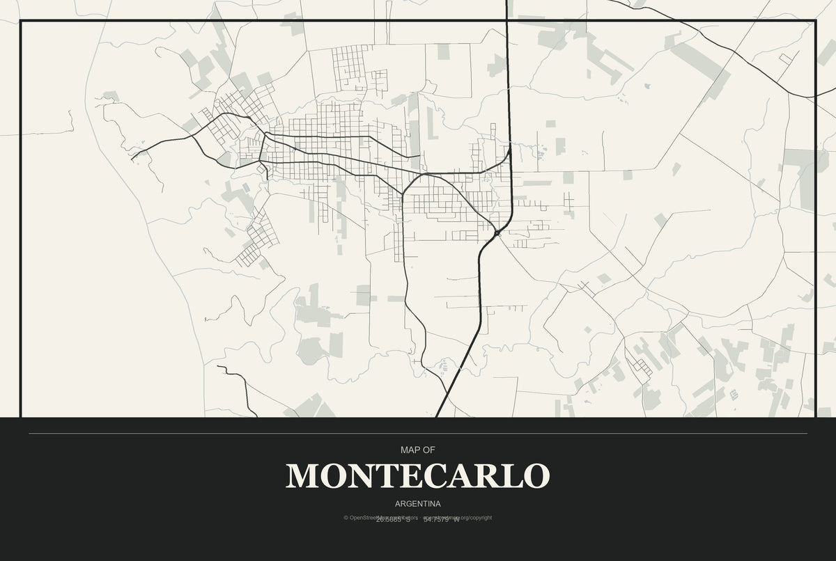 Montecarlo, Argentina City Map Aluminum Sign in Museum Plaque style
