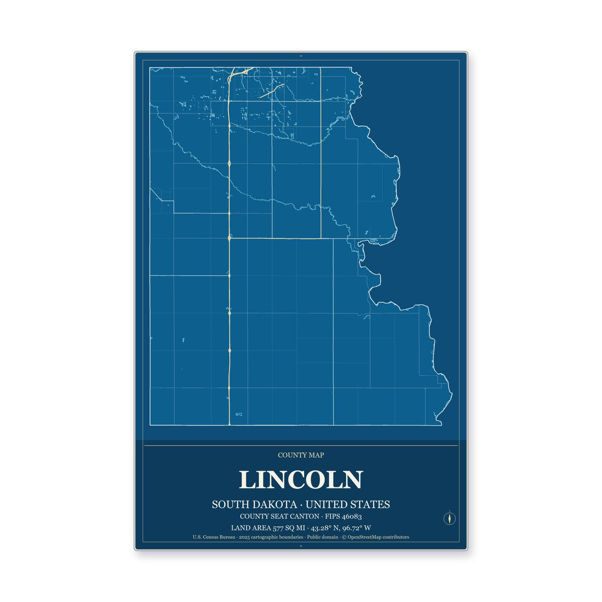 Lincoln County, South Dakota Map Aluminum Sign in Harbor Cobalt style