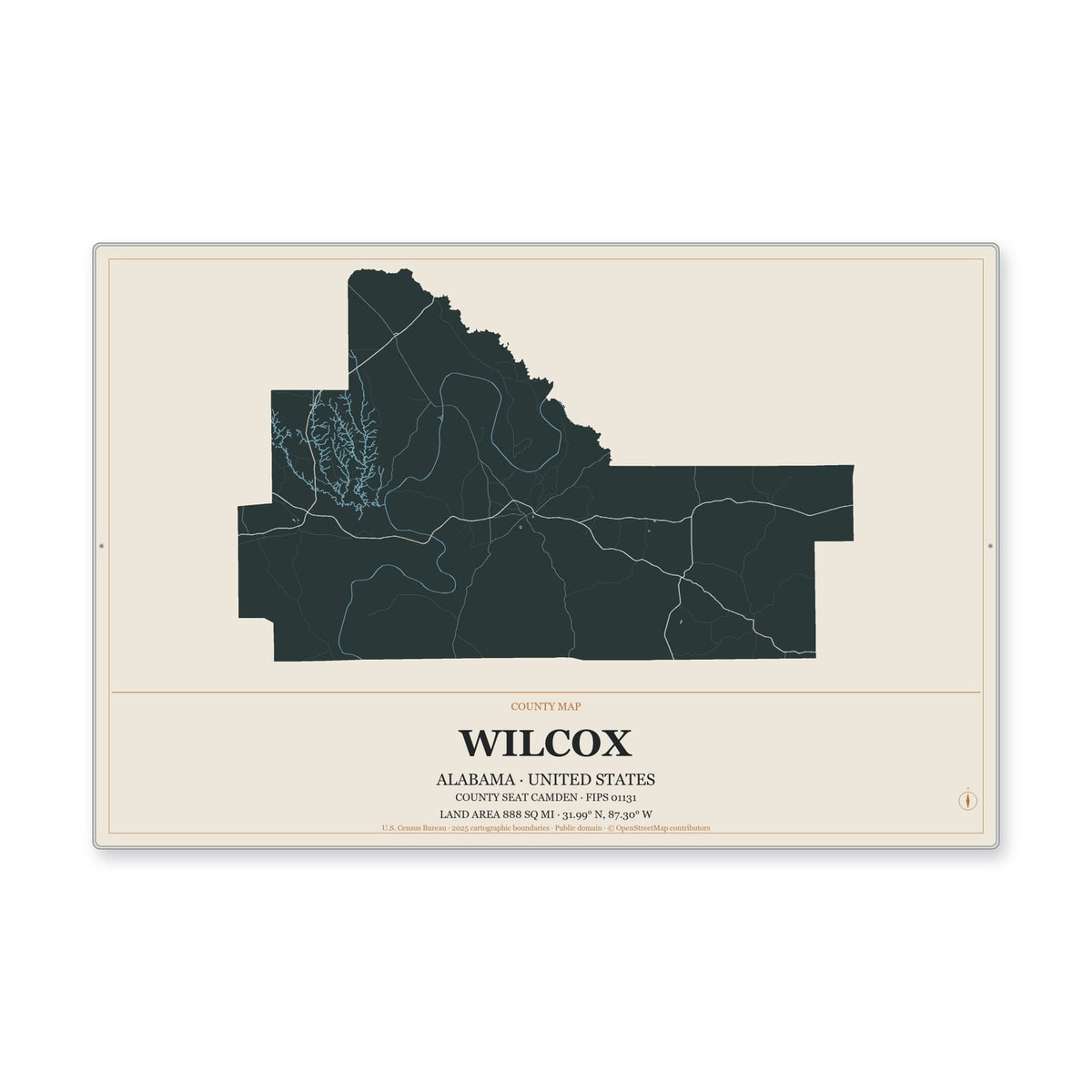 Wilcox County, Alabama Map Aluminum Sign in Headline Atlas style