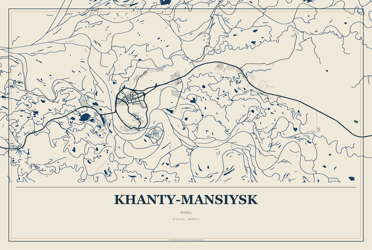 Khanty-Mansiysk, Russia City Map Aluminum Sign in Coastal Cutout style
