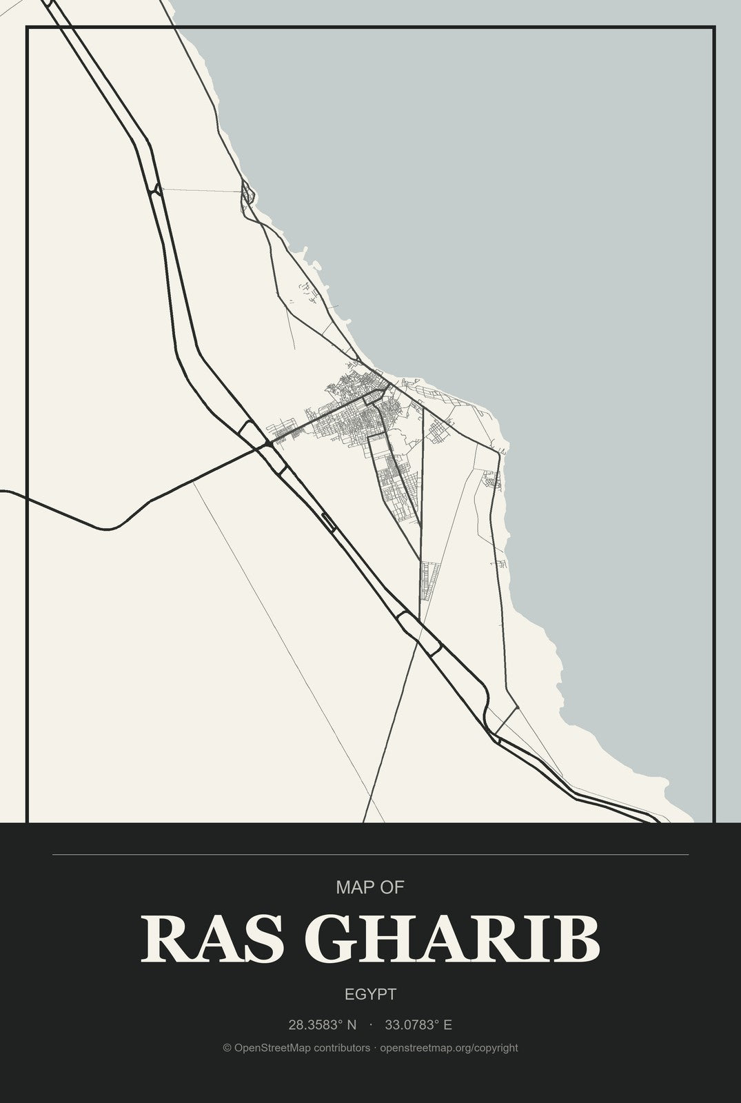 Ras Gharib, Egypt City Map Aluminum Sign in Museum Plaque style
