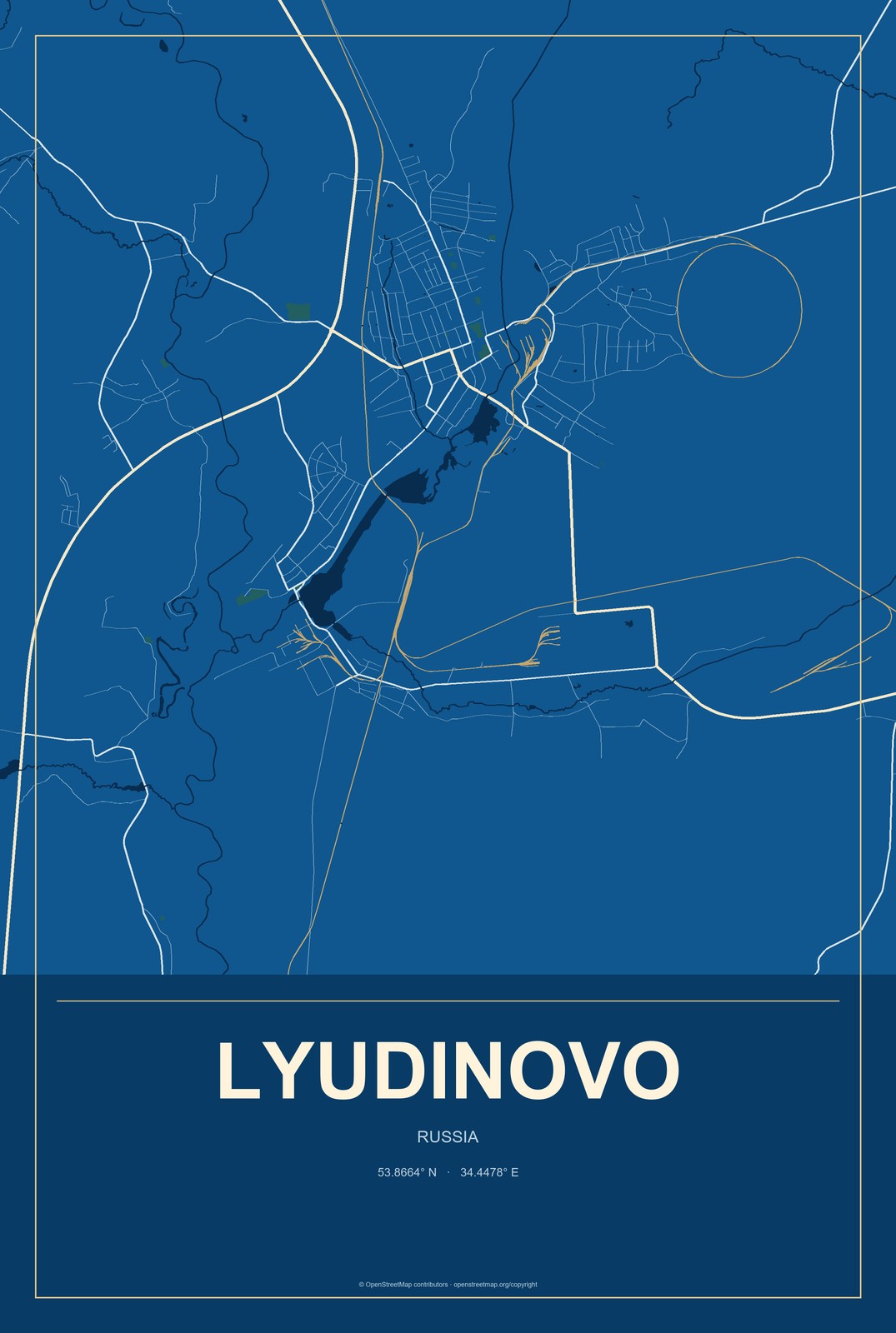 Lyudinovo, Russia City Map Aluminum Sign in Harbor Cobalt style