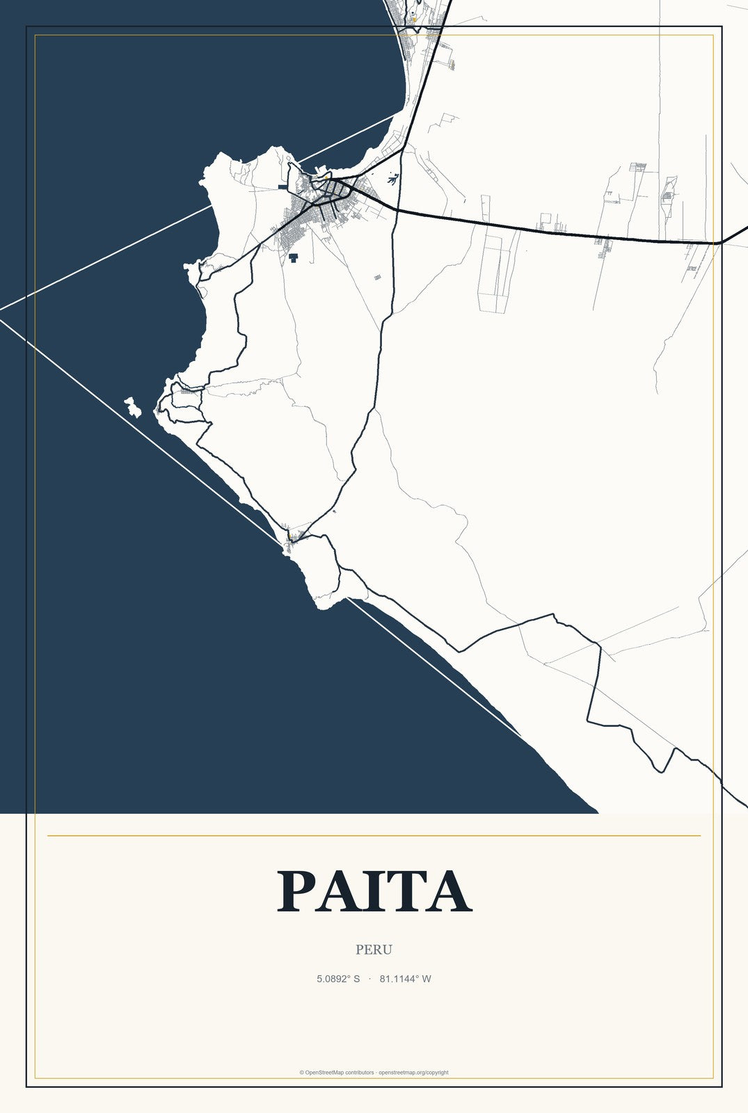 Paita, Peru City Map Aluminum Sign in Citrine Modern style