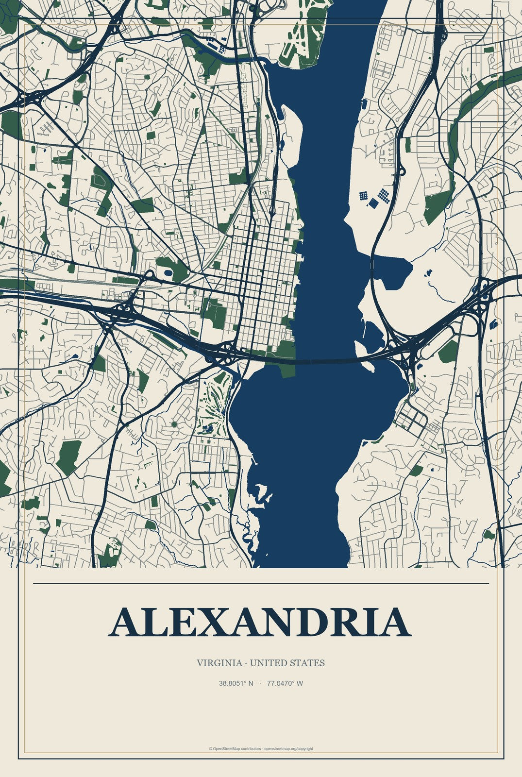 Alexandria, Virginia City Map Aluminum Sign in Coastal Cutout style
