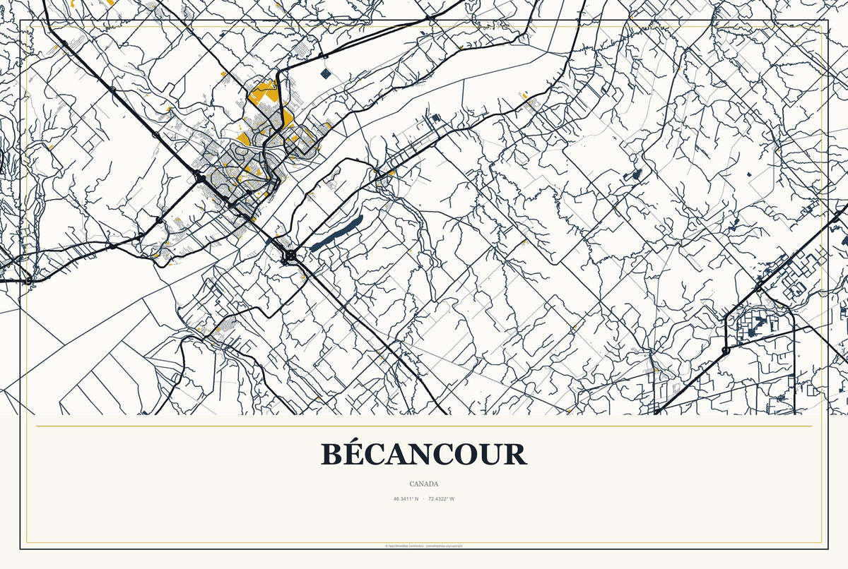 Bécancour, Canada City Map Aluminum Sign in Citrine Modern style