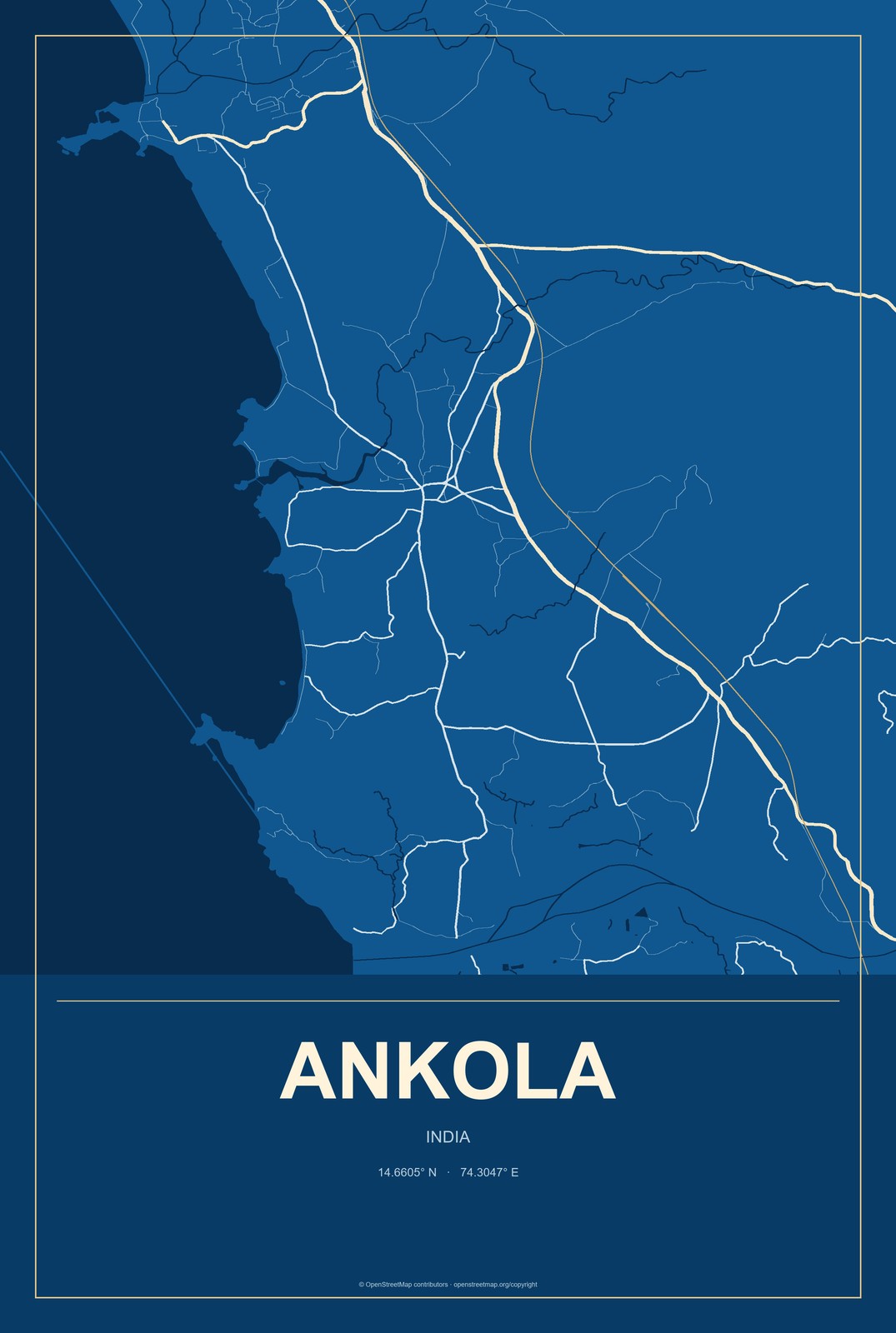 Ankola, India City Map Aluminum Sign in Harbor Cobalt style