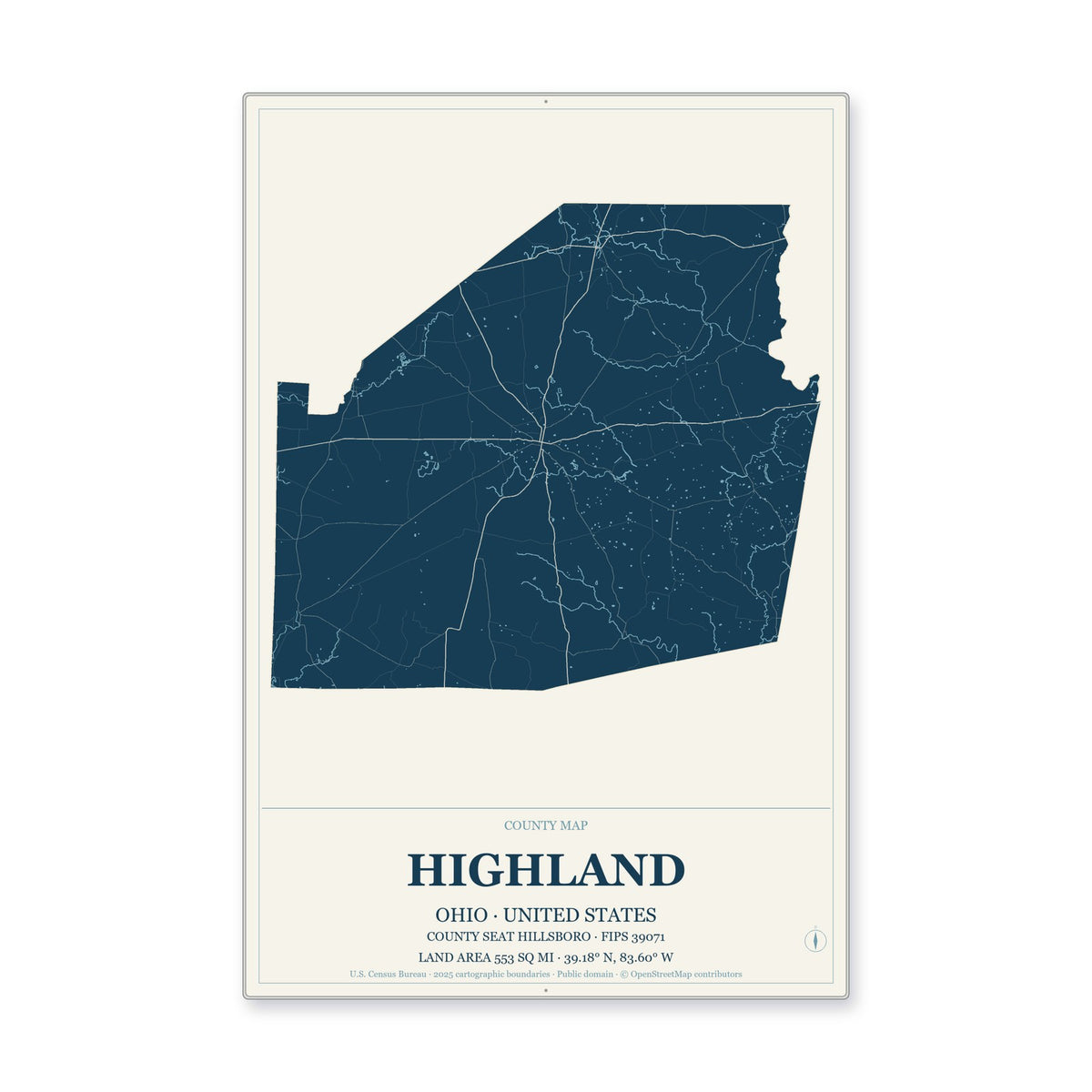 Highland County, Ohio Map Aluminum Sign in Coastal Cutout style