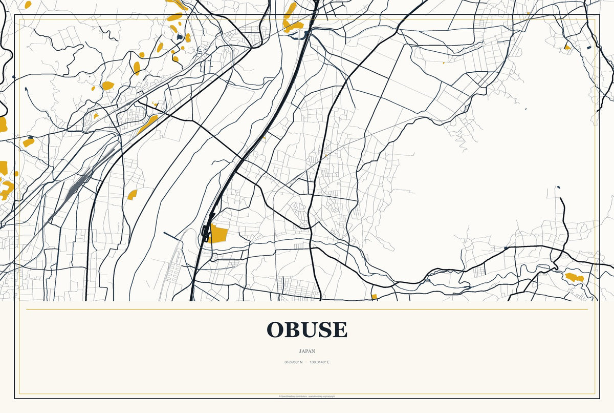 Obuse, Japan City Map Aluminum Sign in Citrine Modern style