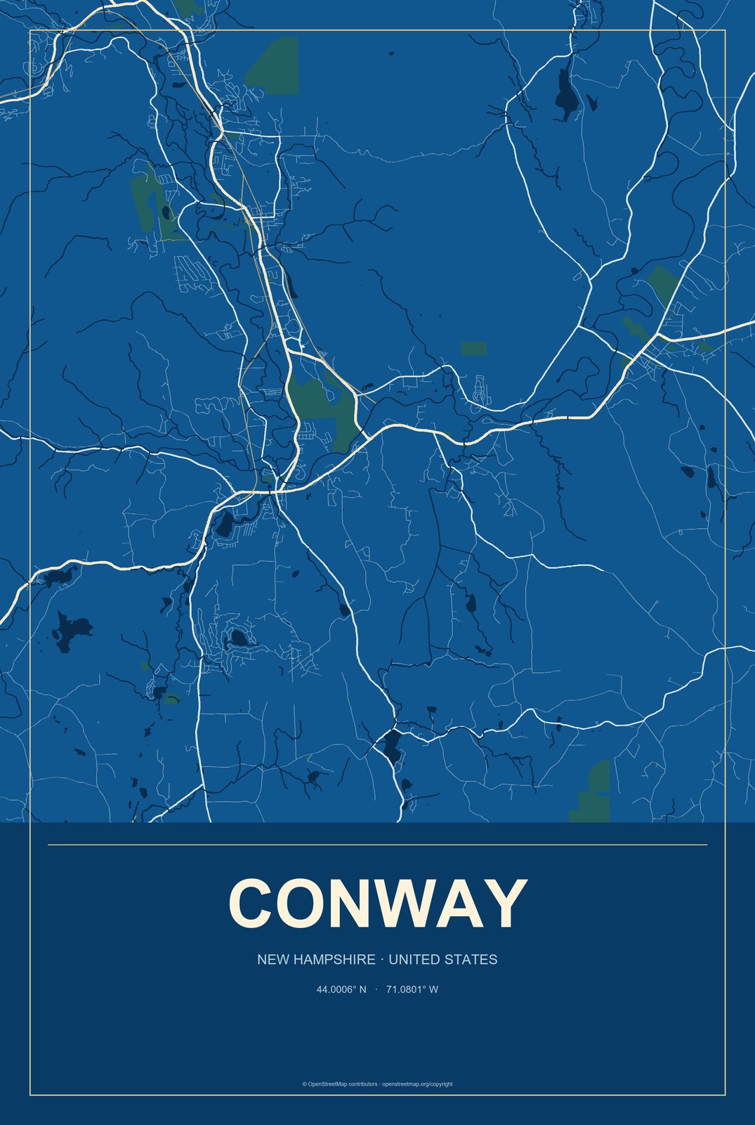 Conway, New Hampshire City Map Aluminum Sign in Harbor Cobalt style