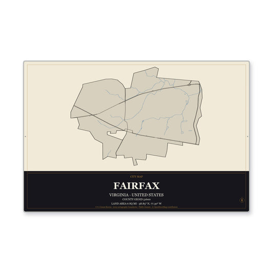 Fairfax city, Virginia Map Aluminum Sign in Museum Plaque style