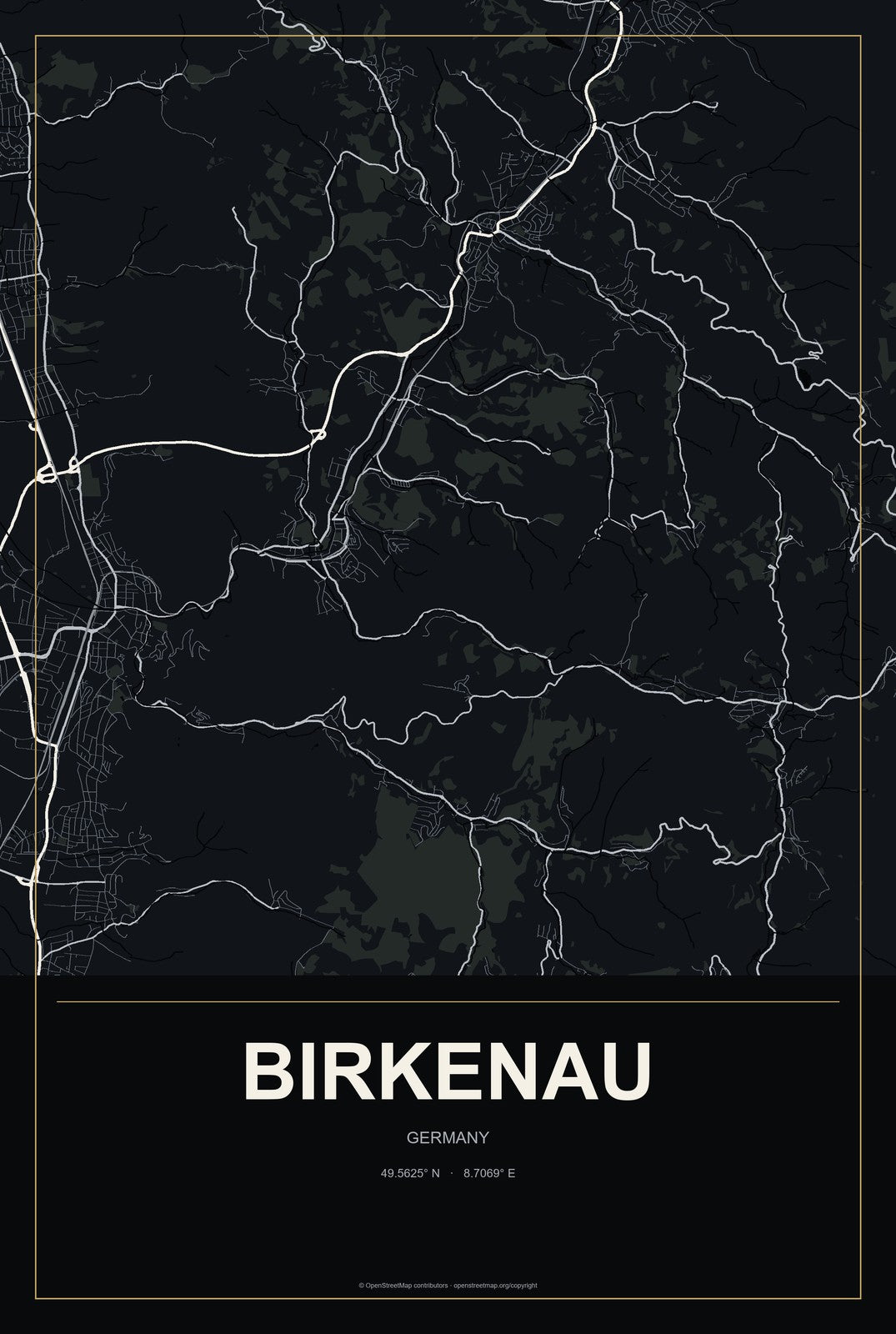 Birkenau, Germany City Map Aluminum Sign in Metropolitan Noir style
