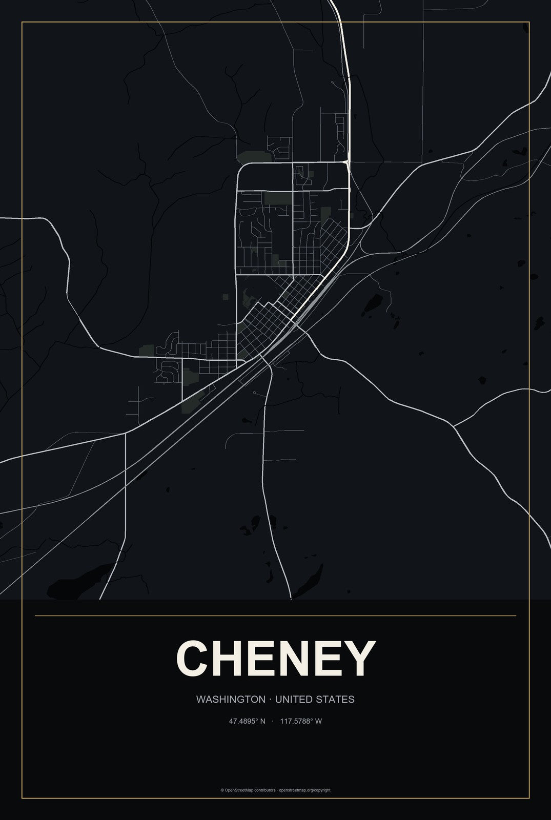 Cheney, Washington City Map Aluminum Sign in Metropolitan Noir style