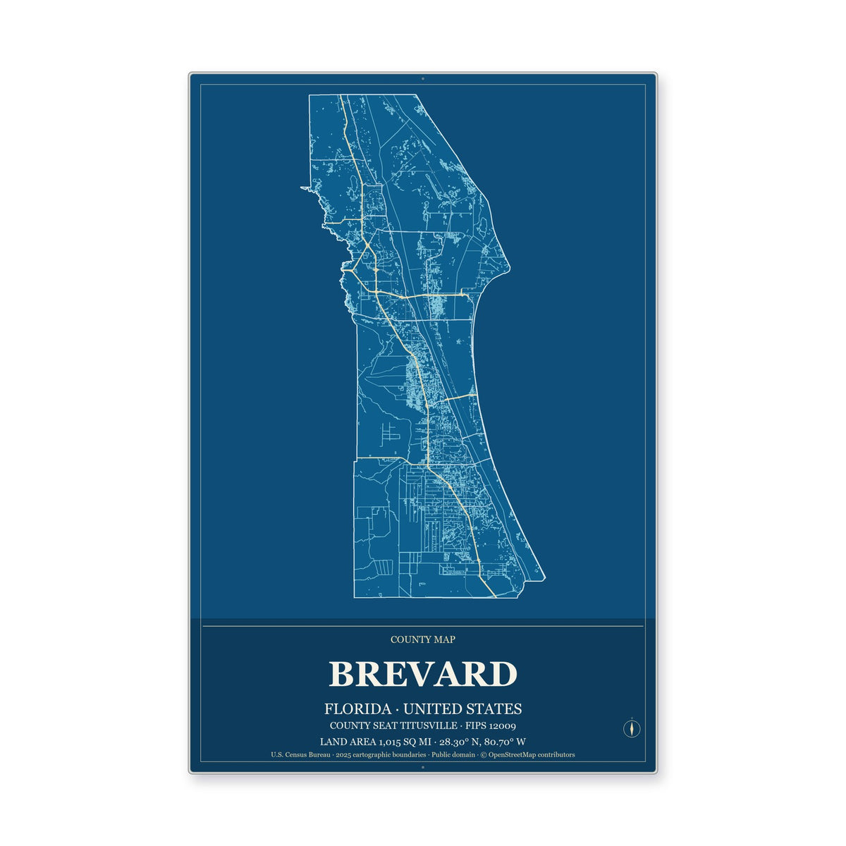 Brevard County, Florida Map Aluminum Sign in Harbor Cobalt style