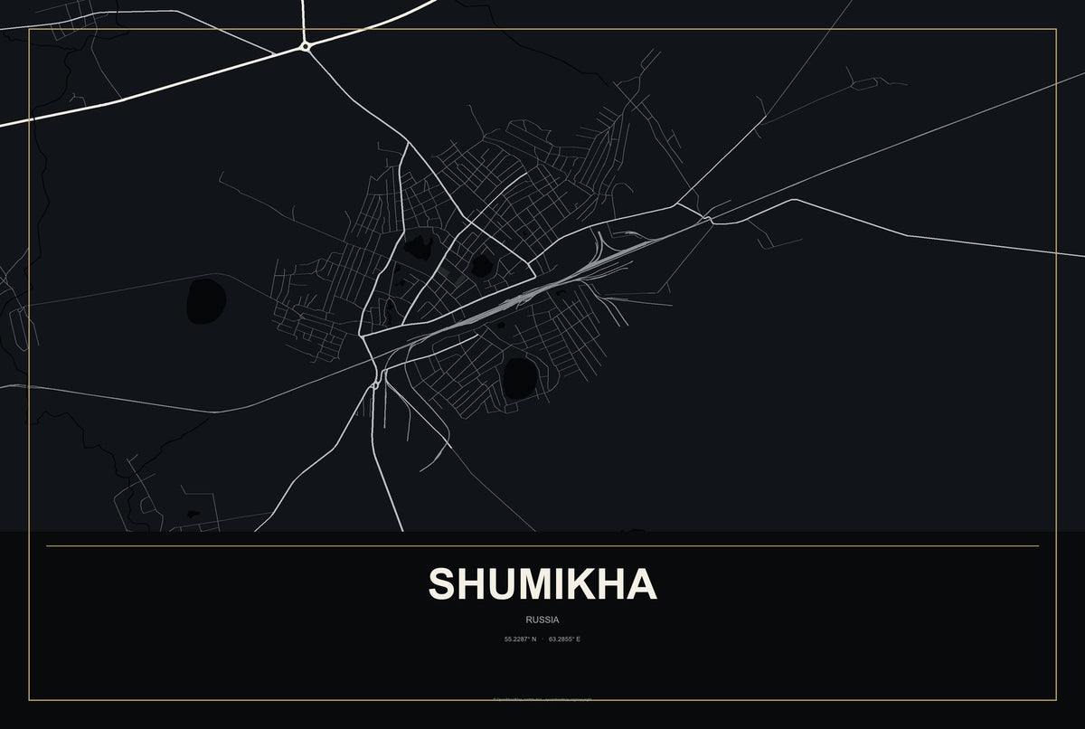 Shumikha, Russia City Map Aluminum Sign in Metropolitan Noir style