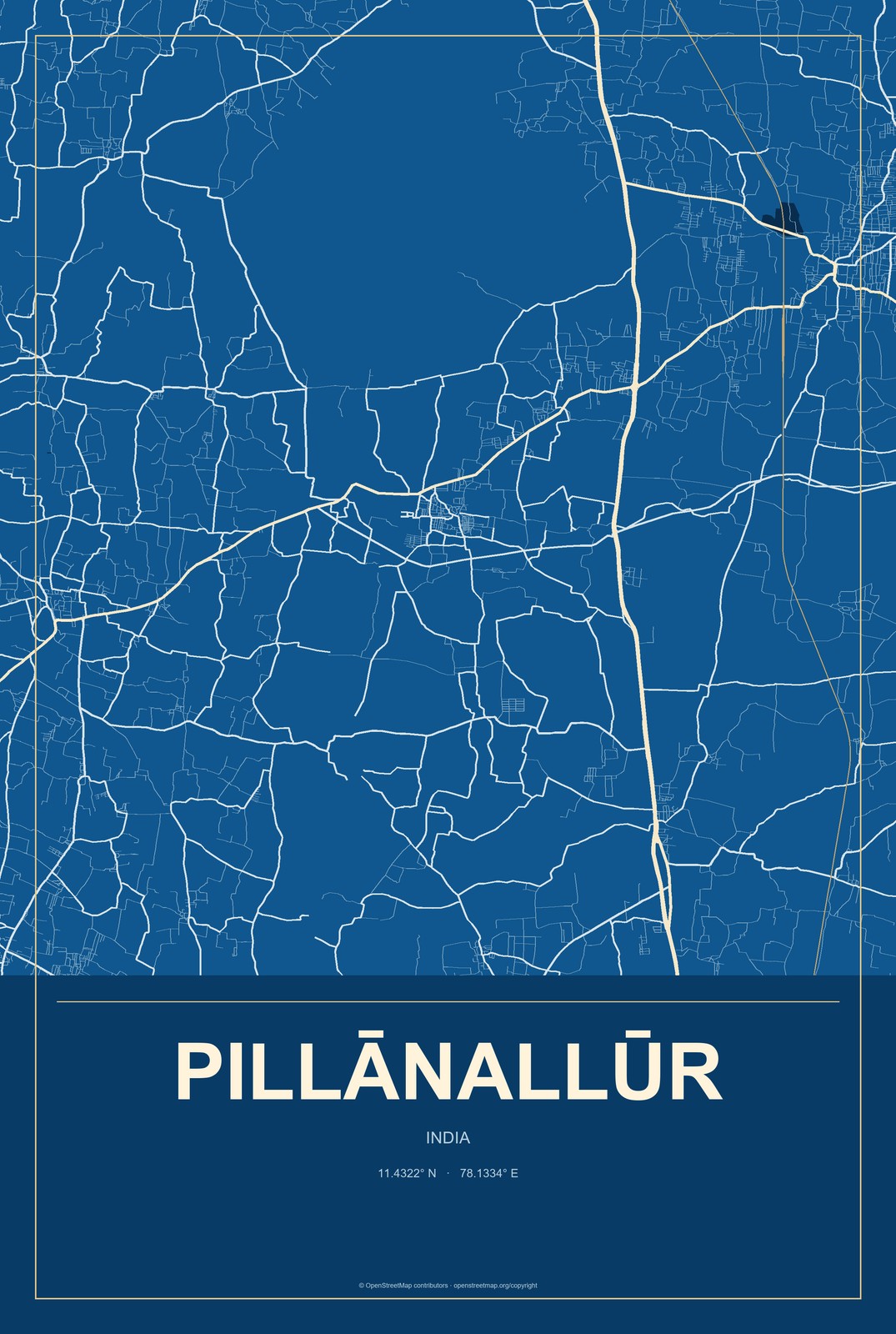 Pillānallūr, India City Map Aluminum Sign in Harbor Cobalt style