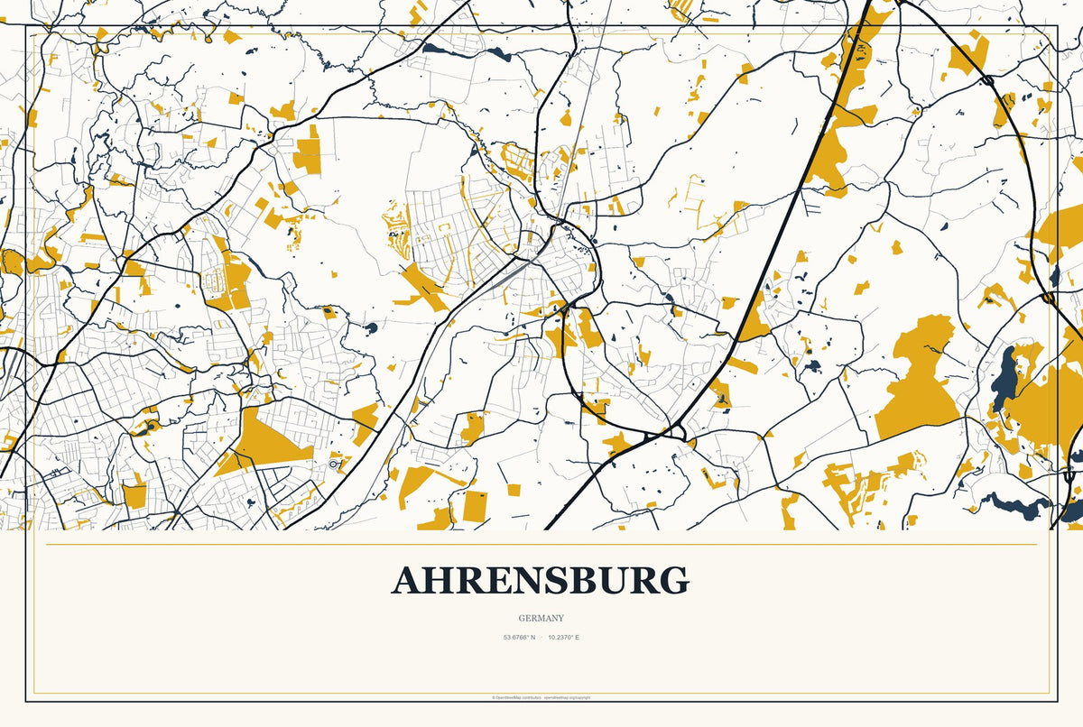 Ahrensburg, Germany City Map Aluminum Sign in Citrine Modern style