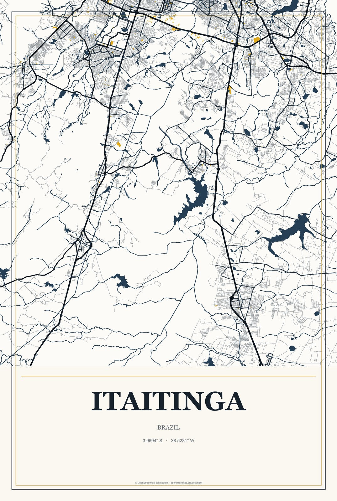 Itaitinga, Brazil City Map Aluminum Sign in Citrine Modern style