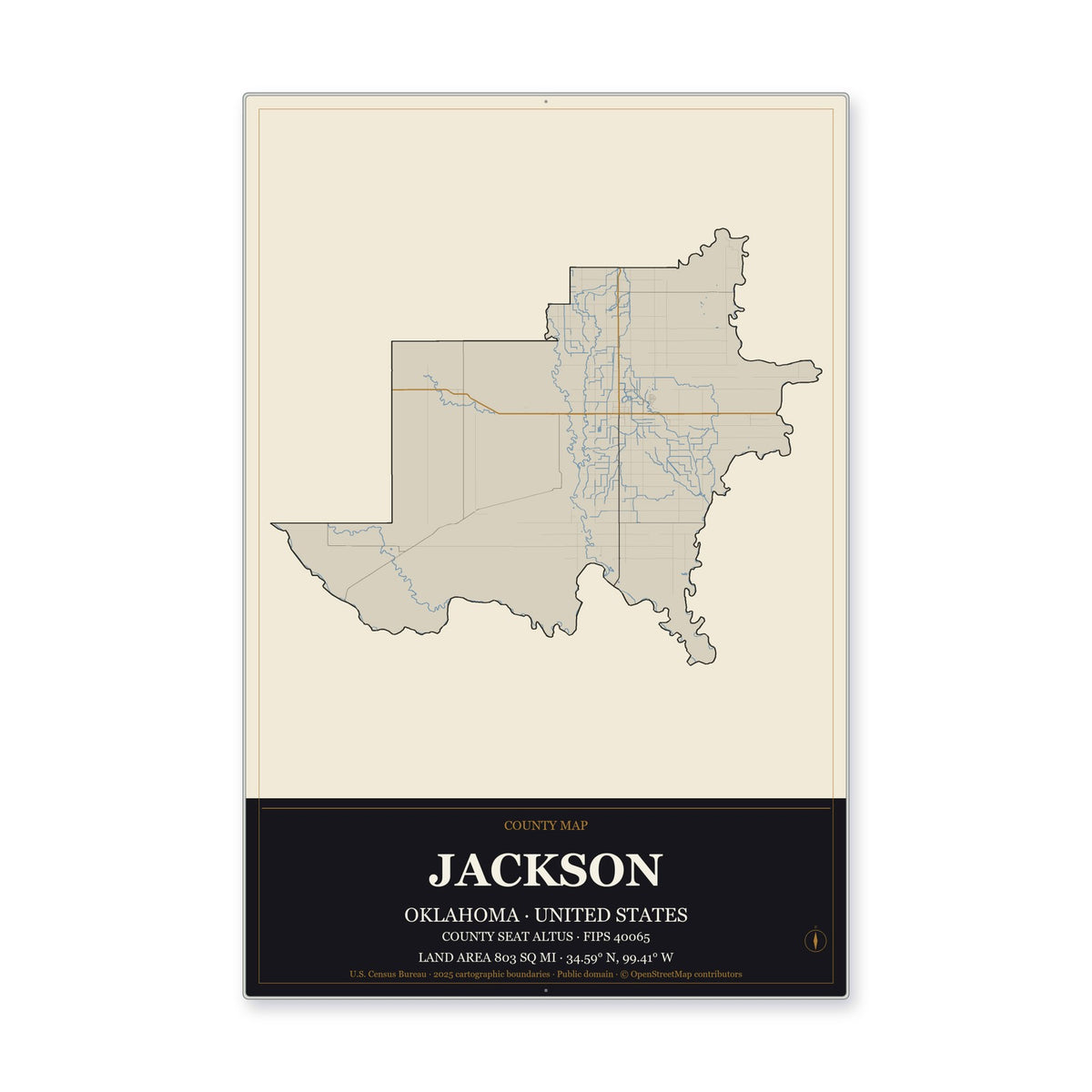 Jackson County, Oklahoma Map Aluminum Sign in Museum Plaque style