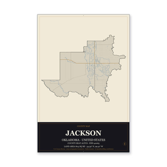Jackson County, Oklahoma Map Aluminum Sign in Museum Plaque style