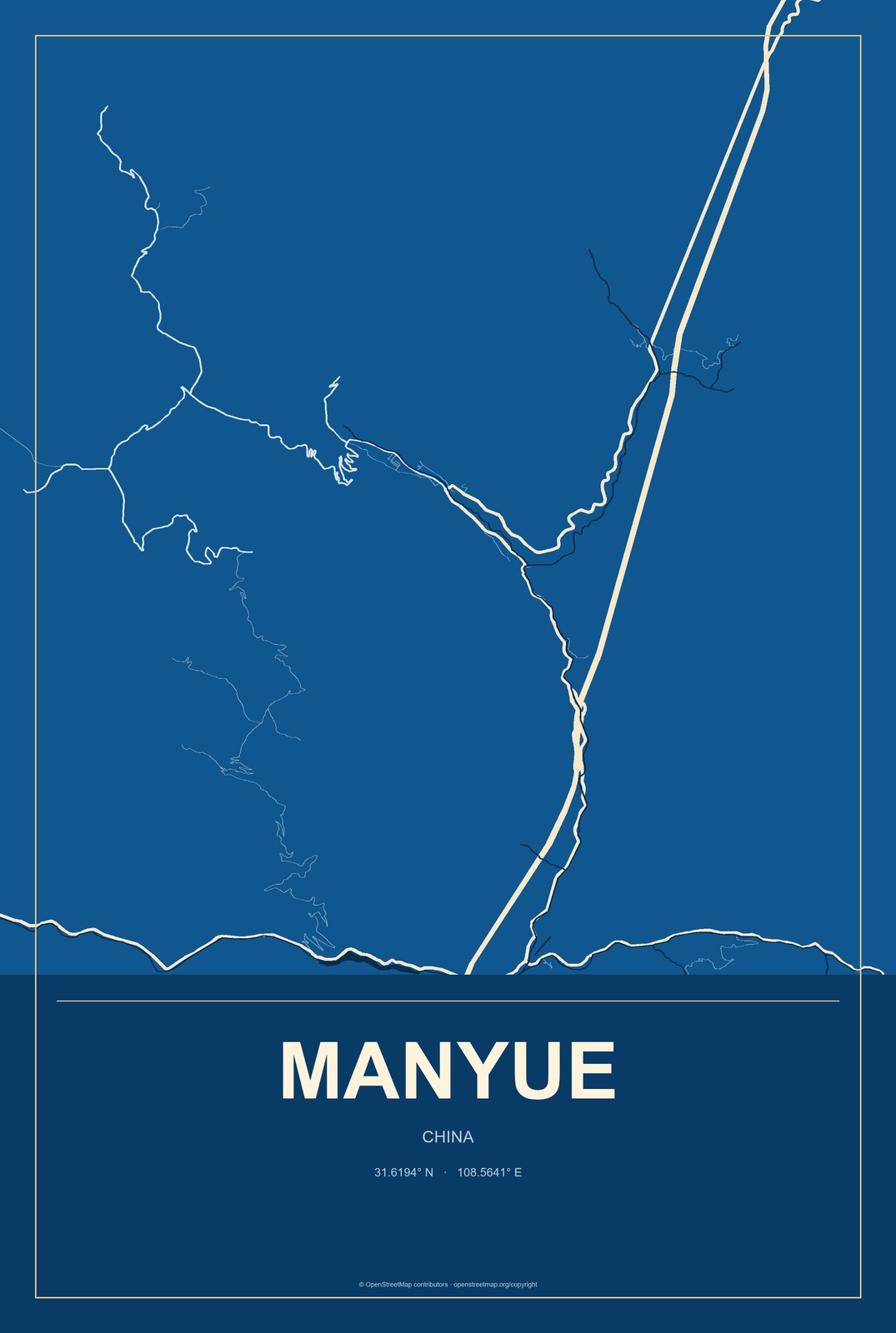 Manyue, China City Map Aluminum Sign in Harbor Cobalt style
