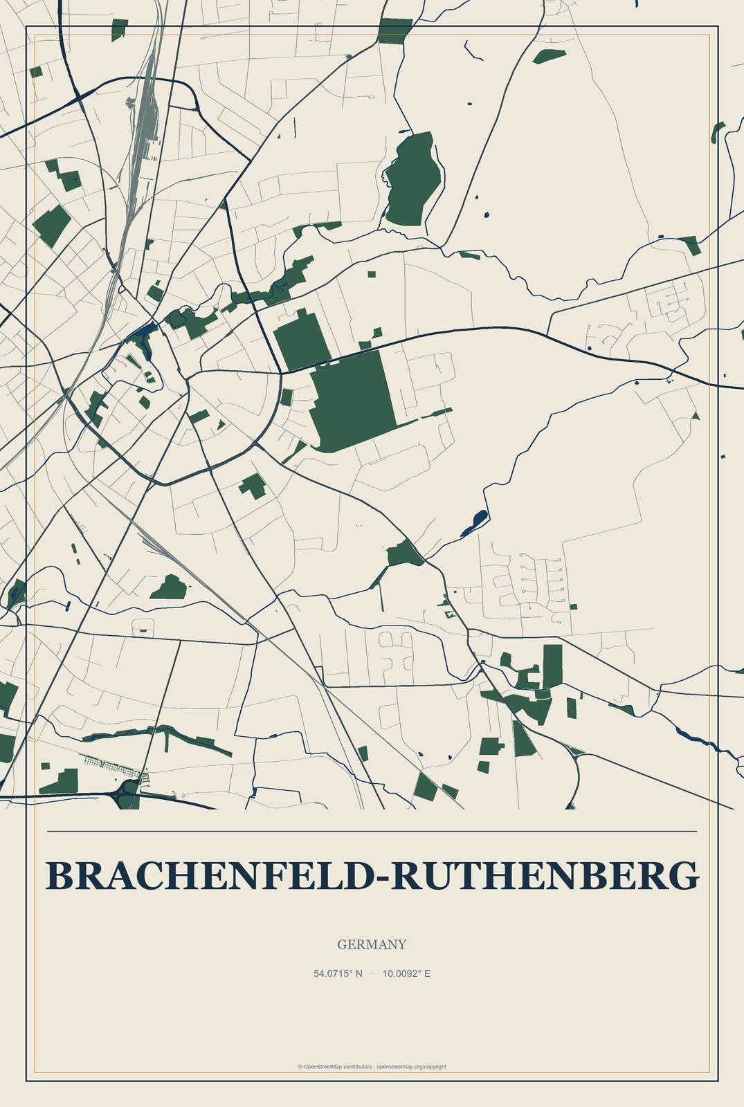 Brachenfeld-Ruthenberg, Germany City Map Aluminum Sign in Coastal Cutout style