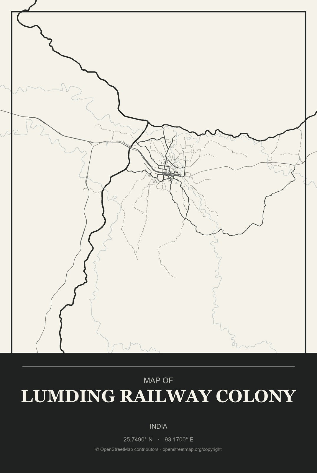 Lumding Railway Colony, India City Map Aluminum Sign in Museum Plaque style