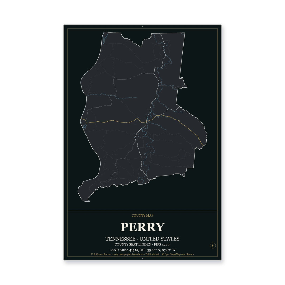 Perry County, Tennessee Map Aluminum Sign in Metropolitan Noir style